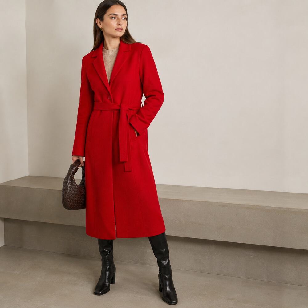 Claudie Pierlot Red Wool Single-breasted Belted Midi Long Coat, size Fr36/S